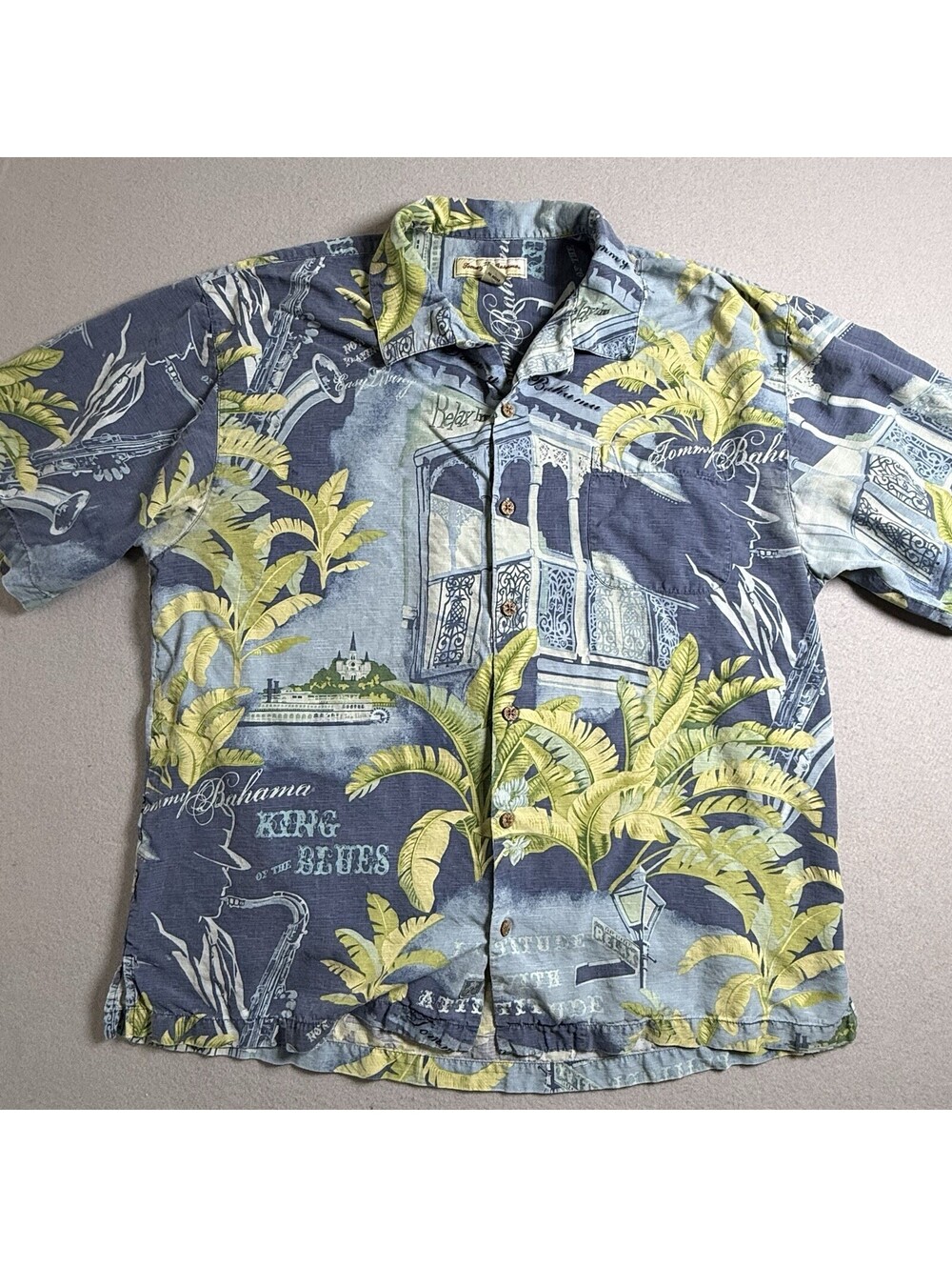 TOMMY BAHAMA SILK SHIRT MENS XL King Of The Blues Saxophone Easy Street Hawaiian - Picture 1 of 8